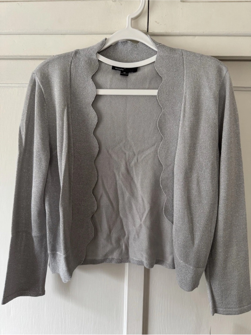 Ronni Nicole Shimmery Scallop-Edge Open Cardigan - Silver Sz M